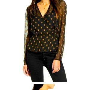 CHELSEA28 Black Gold Geo Dot Sheer Long Sleeve Wrap Top